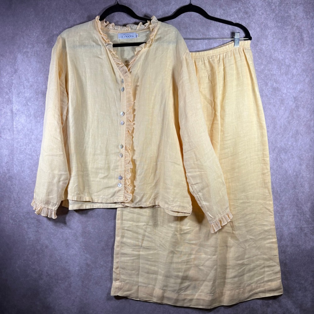 Willow Skirt Set Womens XL Yellow Linen Ruffle Button Front Top Maxi Coastal
